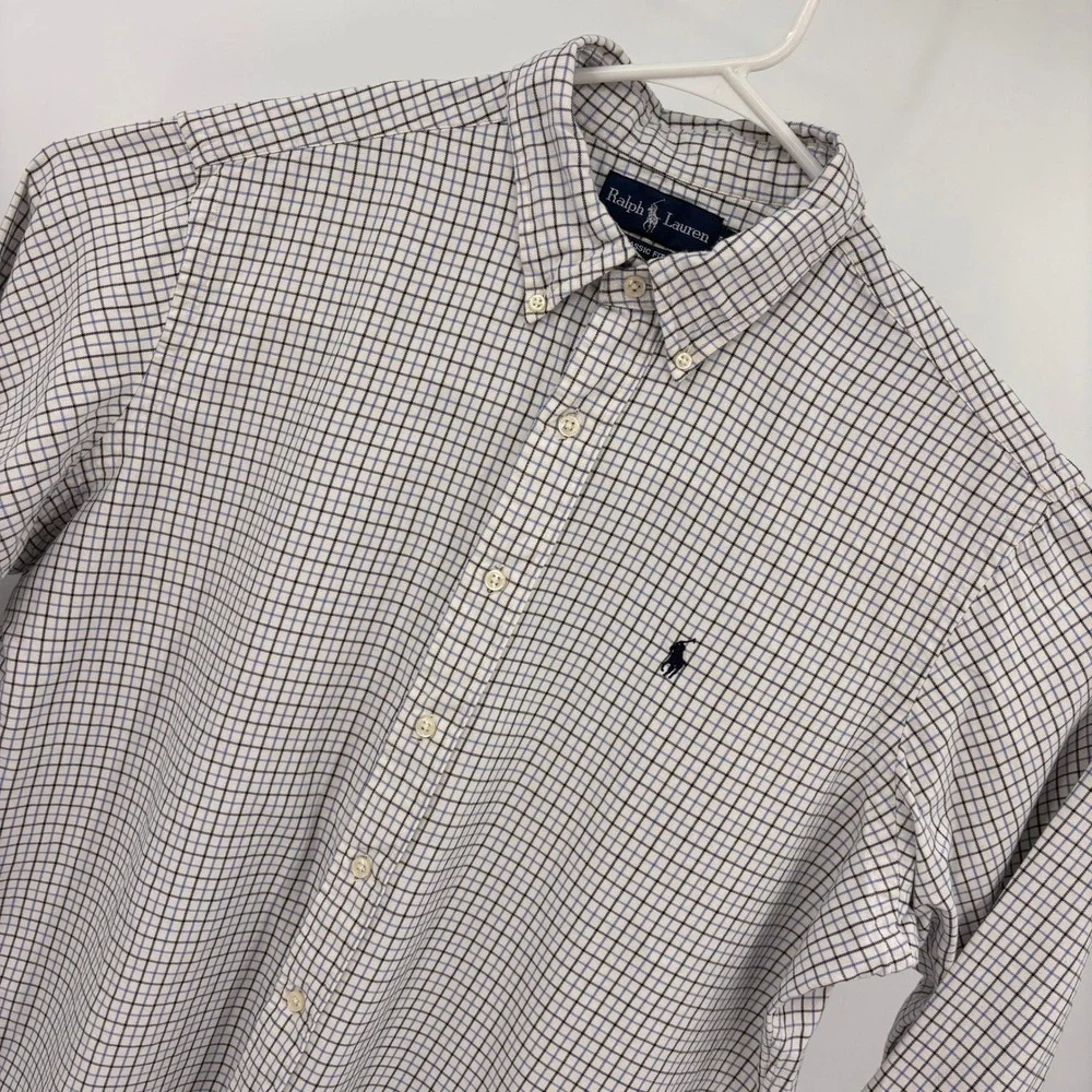 Ralph Lauren Button Down Shirt Mens XL White Blue Check Excellent Classic Fit